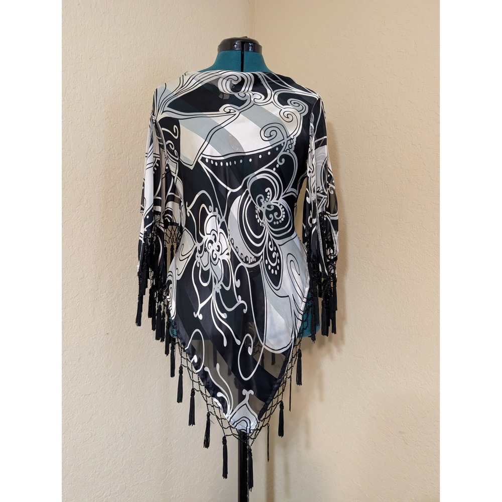 Mary‎ L Couture 100% Silk Black White Swirl Beaded Tassle Fringe Top Small